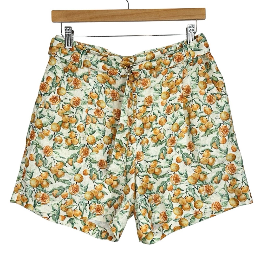 MARCS Pure Linen Shorts Women 8 Citrus Orange Print High Rise Belted Resort